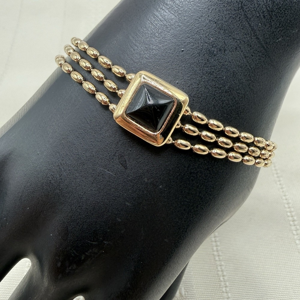 MONET Gold Tone 3 Strand Bead Chain Bracelet Magnet Clasp Black Center 6.5"